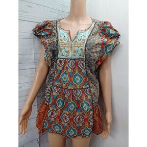 Unity World Wear Woman Top XL Multicolor Quilted BOHO Studded Floral